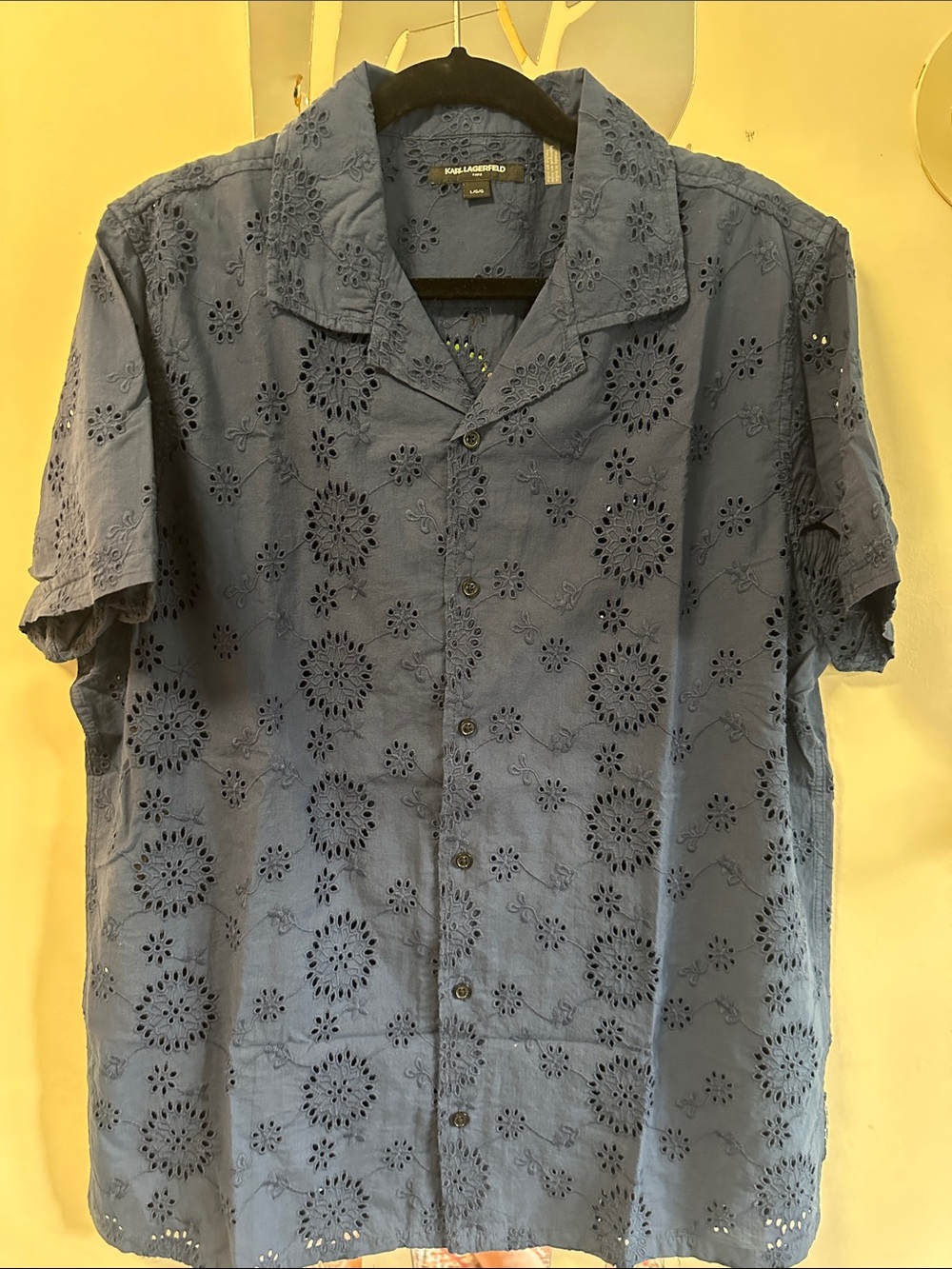 Karl Lagerfeld Navy Blue Short Sleeve Eyelet Camp Shirt